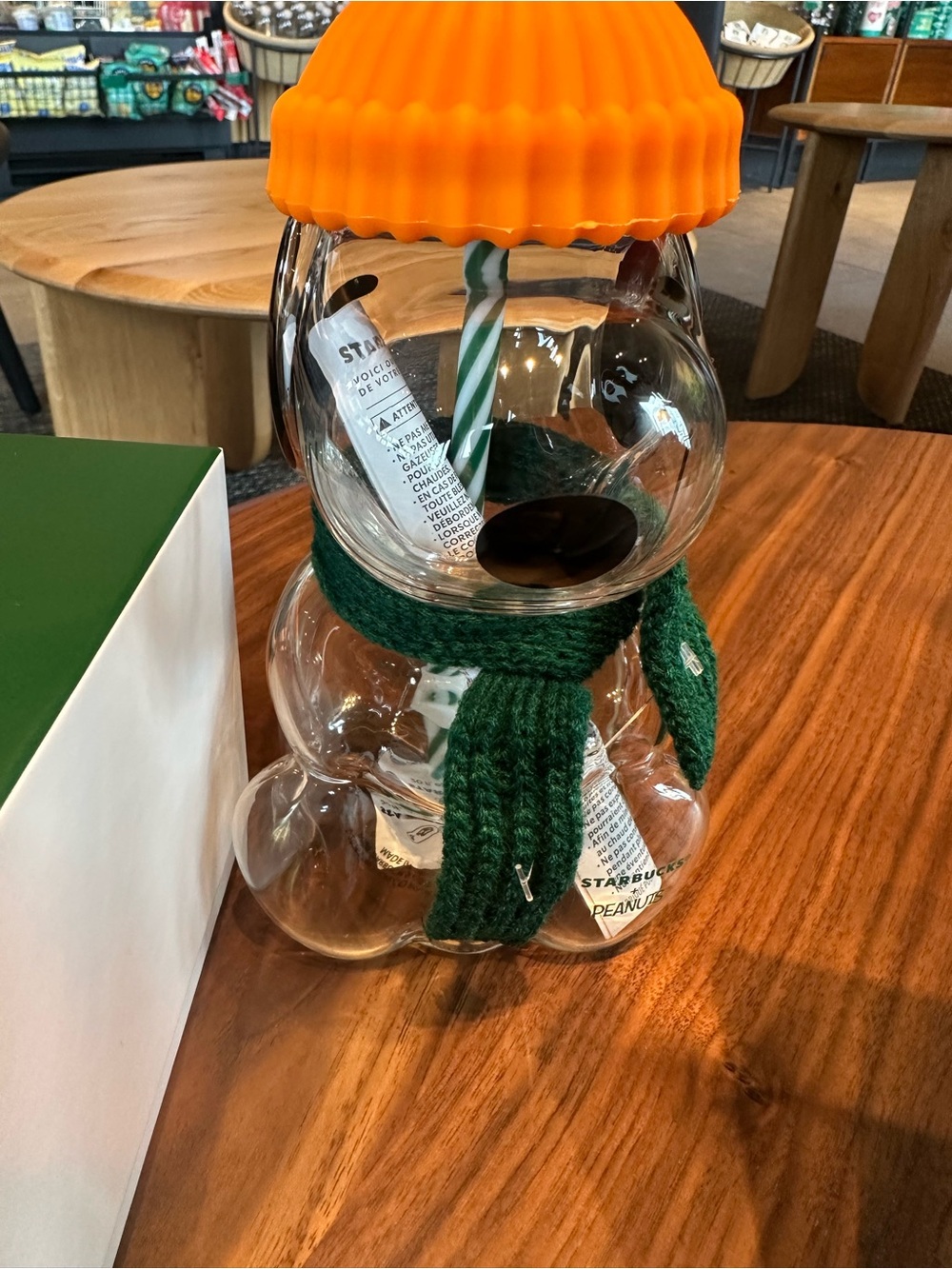 Starbucks Clear Glass snoopy Tumbler with Orange Hat and Green Scarf